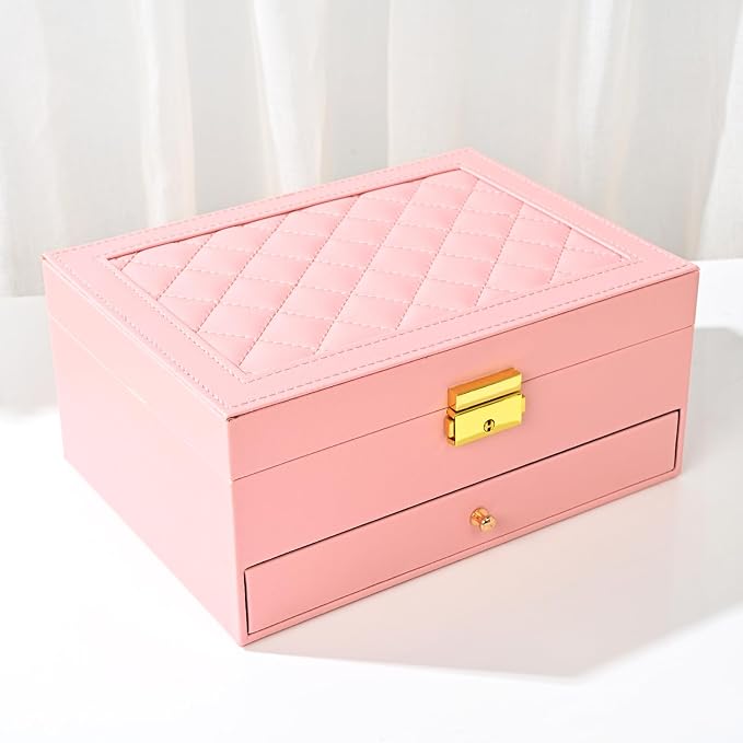 GUOER Jewelry Organizer Box for Women - Large PU Leather Jewelry Organizer Storage Case with Two Layers Display for Earrings Bracelets Rings Watches (Pink) by GUOER