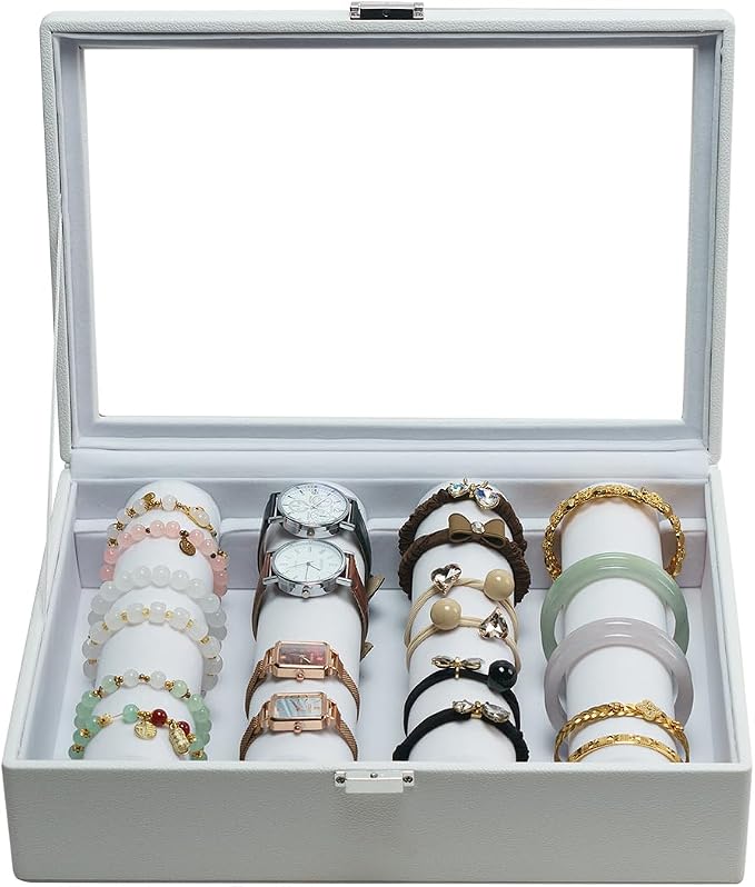 Bracelets Organizer Rods Bangles Display Holder, Clear See through Lid Leather Velvet Jewelry Storage Box Case for Women, 4 Rods White Leather by XHMQYCMakesAllBetter%E2%80%94LetGo
