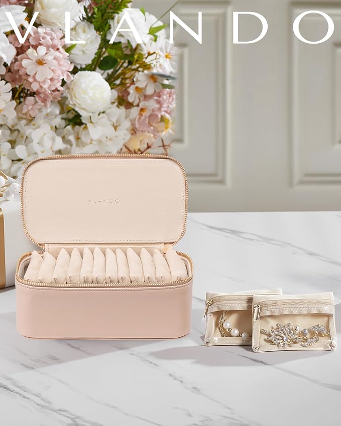 Vlando Jewelry Travel Case,Travel Jewelry Organizer with Clear Velvet Jewelry Bags 12Pcs Zipper Pouch for Women Wedding Gifts for Friends Sister-Khaki - Image 2
