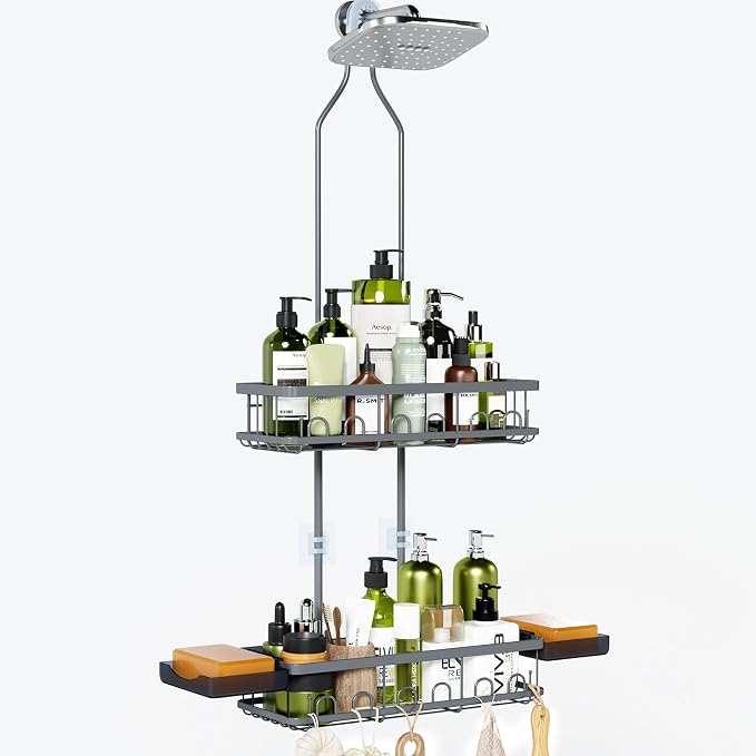 Skyapex Shower Caddy Hanging: Adjustable Height Organizer for Over Showerhead - Rustproof Shower Shelves with Hooks & 2 Soap Holders by Skyapex