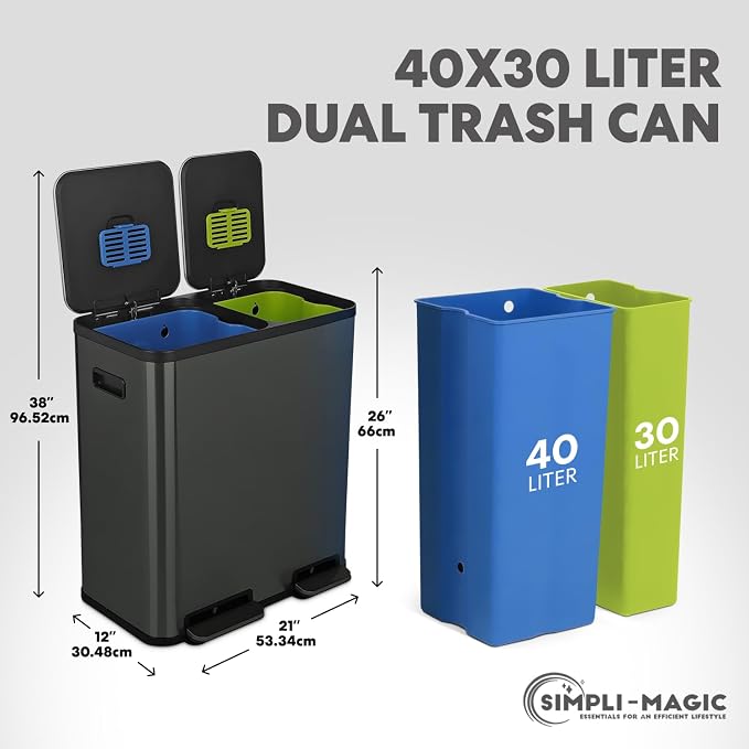 SIMPLI-Magic 18.5 Gallon (70L) Dual Compartment Kitchen Trash Can - Hands-Free Step Pedal, Soft-Close Lid, Stainless Steel Recycling Bin with Odor Filter (40L + 30L), Black - Image 3