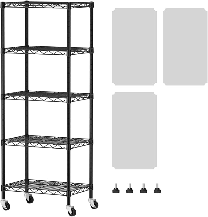 SINGAYE 5 Small Shelf Storage Wire Shelves Closet Bathroom Organizers Metal Pantry Kitchen Garage Shelving Unit Laundry Room Organization Home Narrow Rack Net Basket with Wheels Black by SINGAYE