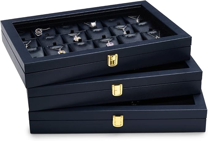 Oirlv Premium Blue Leather Rings Earrings Organizer Tray with Clear Lid Jewelry Display Box with Acrylic Lid Stackable Jewelry Box Drawer Inserts - Image 6