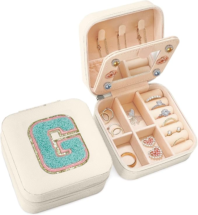 SANDJEST Personalized Jewelry Box, White Travel Jewelry Box with Initial G, Small Monogrammed Jewelry Case Organizer for Girls Women Teen Kids, Mini Travel Essentials Gifts for Birthday Christmas by SANDJEST