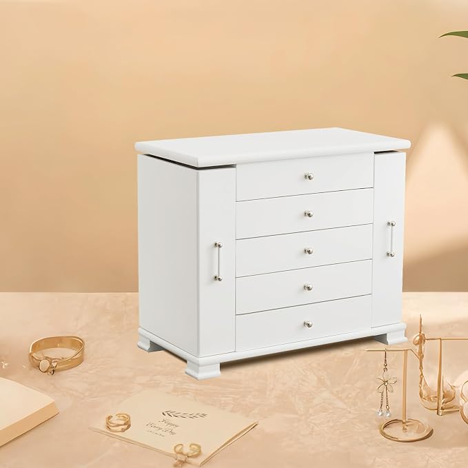 White 5 Layer Huge Jewelry Box,Top With Mirror Wooden Jewelry Organizer Box,With 8 Hook And Velvet Lining Antique Jewelry Box For Women,For Watch Necklace Ring Earring Storage Gifts - Image 9