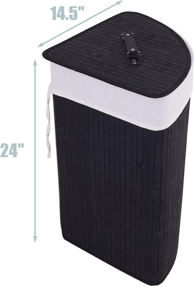 GOFLAME Corner Bamboo Laundry Hamper with Lid and Removable Liner, Washing Clothes Basket Storage Bin with Handle, Suitable for Bedroom, Bathroom, Laundry (Black) - Image 4