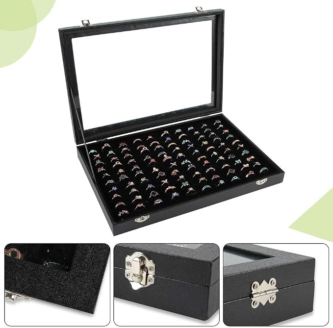 Siveit Ring Display Case Organizer Box with Transparent Lid, Ring Holder Showcase For Store Display Jewelry Show Home, Ring Organizer For Jewelry Rings, Studs Earrings (100 Slot, Black) - Image 3