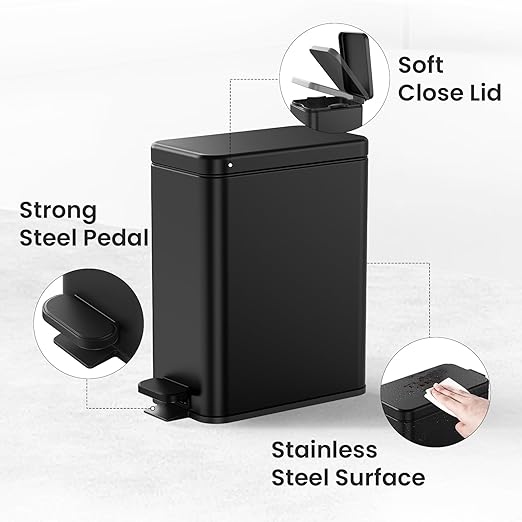 Cesun Bathroom Trash Can with Lid, 2.6 Gallon Small Black Bathroom Garbage Can Soft Close, Stainless Steel Waste Basket with Step Pedal for Bedroom, Laundry Room, Living Room, Home Office, Toilet, RV - Image 4