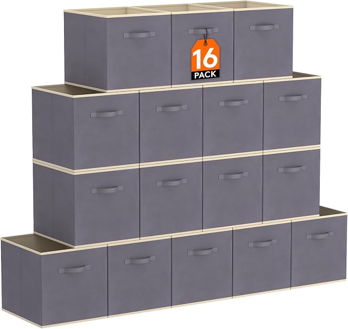 Lifewit Storage Cubes, Foldable Decorative Fabric Storage Baskets for Organizing Home Organizers with Handles for Shelves, Closet, 11 Inch Bins, 18L Gray, 16 Packs by Lifewit