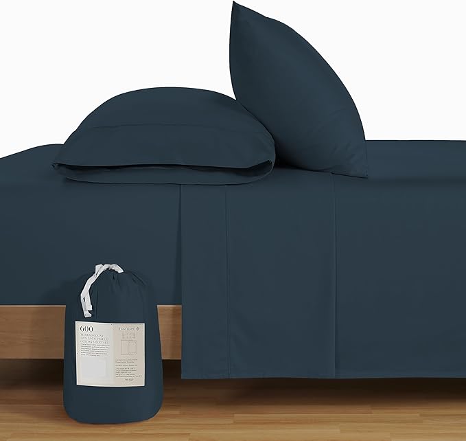 LLANE Linen Split King Sheet Sets for Adjustable Beds - 5 PCs, 600 Thread Count Split King Sheets Set - Sateen Weave King Split Sheets - Split Top King Sheets Set for Adjustable Bed - Estate Blue