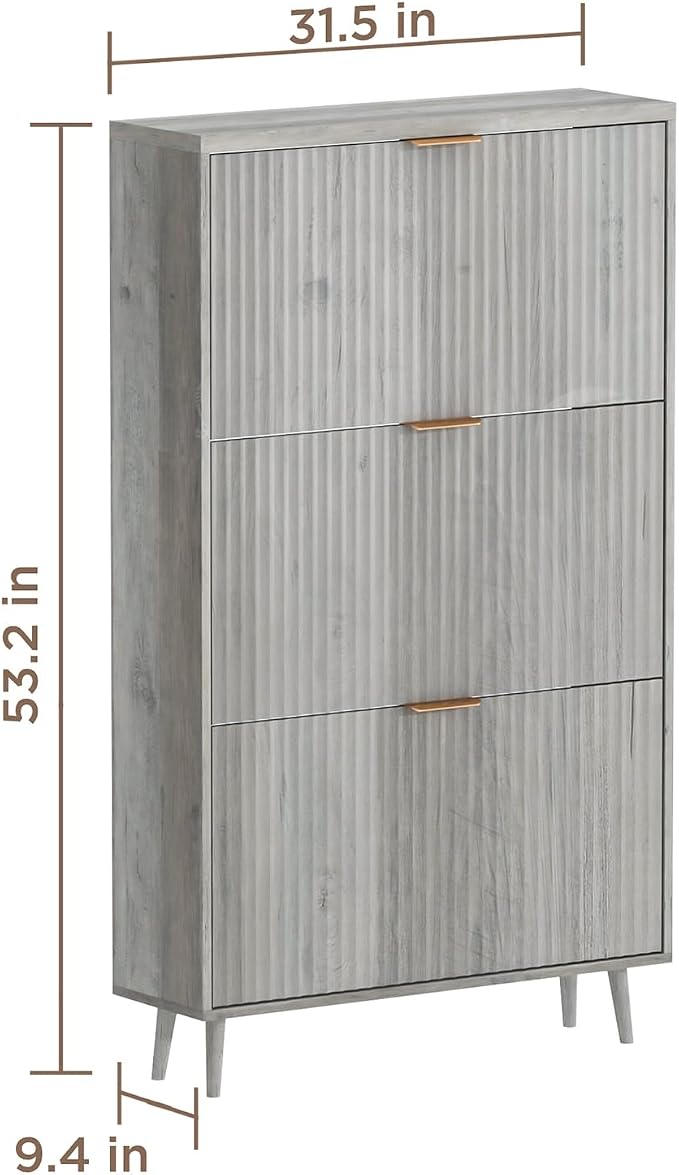 Shoe Cabinet Storage,Modern Freestanding Organizer with 3 Flip Drawers,Narrow Shoe Rack Cabinet for Entryway,Grey - Image 2