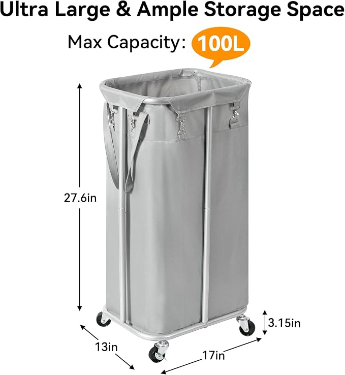 WOWLIVE 100L Rolling Laundry Hamper with Wheels Large Laundry Basket Organizer Laundry Cart with Steel Frame and Removable Bag Foldable Tall Dirty Clothes Hamper Dorm Room Storage for Bedroom (Grey) - Image 4
