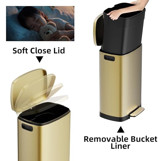 KdbK 13 Gallon Trash Can with Lid, 50L Fingerprint Proof Stainless Steel Kitchen Trash Can with Removable Inner Bucket and Lid Soft Close, Pedal Rubbish Bin for Home Office, Gold - Image 3