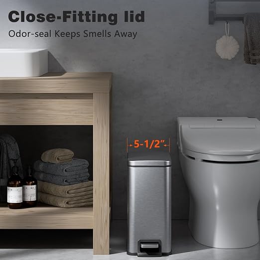 Slim Bathroom Trash Can with Lid Soft Close, 1.6 Gallon Stainless Steel Garbage Can with Removable Inner Bucket, Durable Step Pedal, Small Trash Bins for Toilet, Bedroom, Kitchen, Office - Image 2