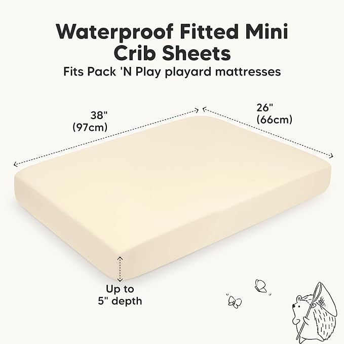 2-Pack Waterproof Pack and Play Sheets, Mini Crib Sheets Fitted for Boy, Girl - 38 x 26 Viscose from Bamboo Pack N Play Mattress Sheets for Graco, Toddler Playard Baby Crib Sheets Neutral (Latte)