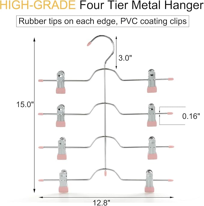 TOPIA HANGER 4 Tier Metal Skirt Hangers for Women, Pants Hanger Space Saving with Adjustable Clips, Gain 70% More Space, Non Slip Grip for Slacks, Trousers, Shorts, Jeans, Towels, Pink, 2-Pack, CT20P - Image 5