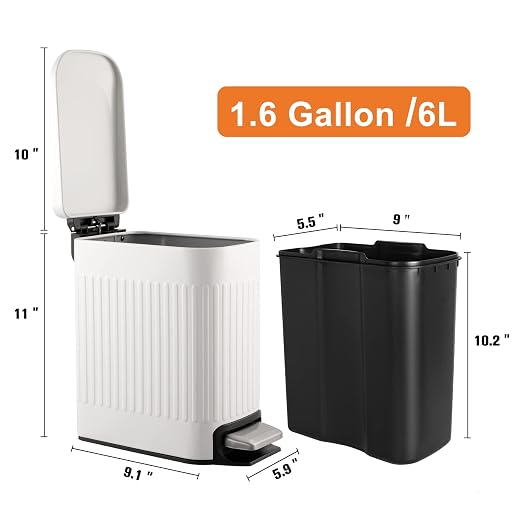 TrashAid Slim Bathroom Trash Can with Lid Soft Close, 6 Liter/1.6 Gallon Stainless Steel Small Garbage Can with Removable Inner Bucket, Step Pedal, Slim Wastebasket for Toilet, Office, Bedroom, White - Image 8