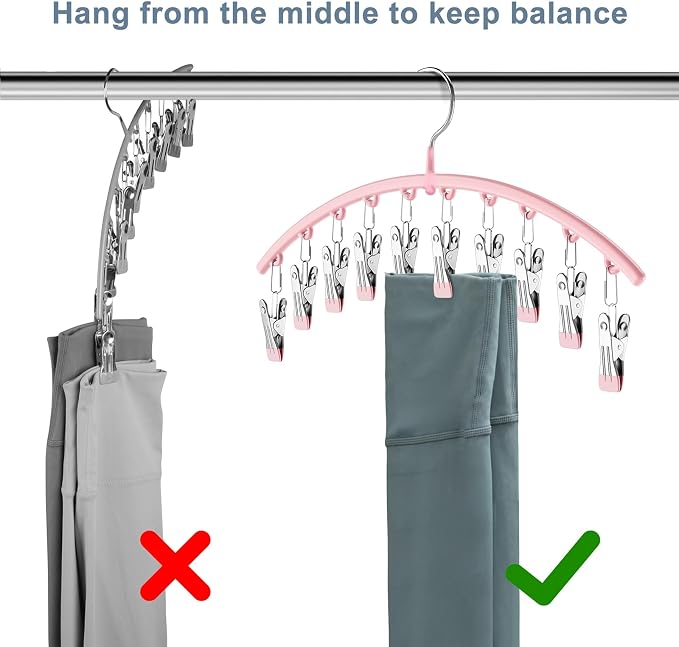 Legging Organizer for Closet, Metal Yoga Pants Hangers 2 Pack w/10 Clips Holds 20 Leggings, Space Saving Hanging Closet Organizer w/Rubber Coated Closet Organizers and Storage, Pink - Image 5