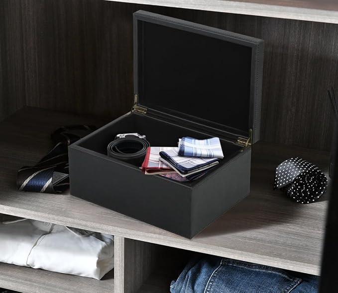 HofferRuffer Faux Leather Decorative Box, Large Wooden Structure Keepsake Box Accessory Organizer Jewelry Organizer with Hinged Lid, Storage Container for Home or Office (Black) - Image 5