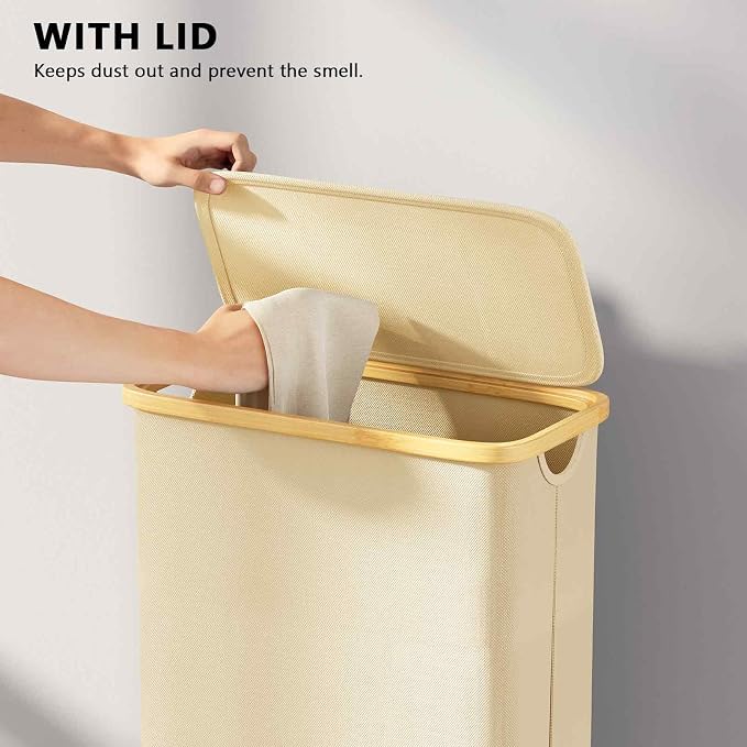 SpaceAid Slim Laundry Hamper with Lid, 65L Narrow Clothes Basket Bin with Bamboo Handles, Skinny Tall Collapsible Hamper for Bedroom, Bathroom, Dorm, Laundry Room - Beige - Image 8