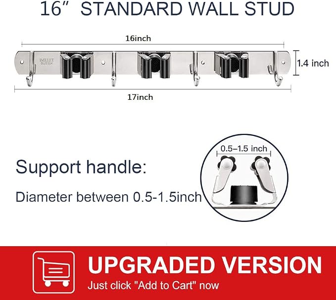 IMILLET 2 Pack Broom and Mop Holder Wall Mounted, Stainless Steel Broom Holder Mop Holder Self Adhesive Heavy Duty Hooks Storage Organizer for Home Laundry Room Garden Garage Closet Kitchen - Image 3