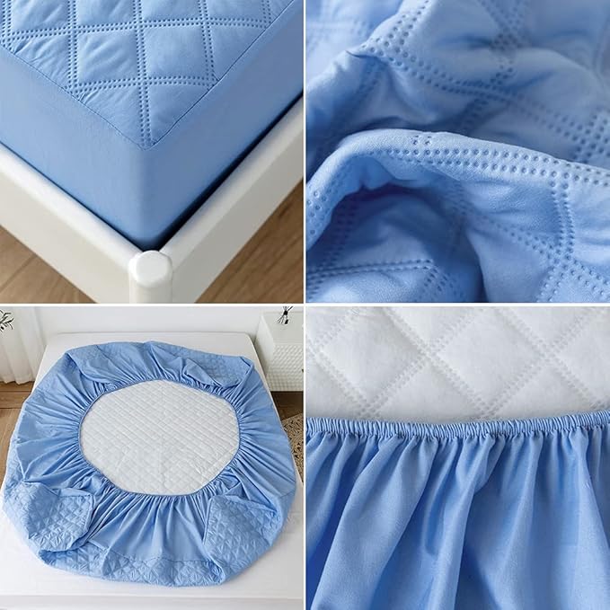 vctops Quilted Fitted Sheet Waterproof Mattress Protector Pad Ultra Soft Elastic Fitted Deep Pocket Bed Cover (Sky Blue,Queen)