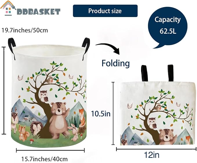 Kids Laundry Basket Animal Hamper for Nursery Woodland Hamper Cute Kids Storage Bin Organizer Room Decor for Home(Tree animal) - Image 2