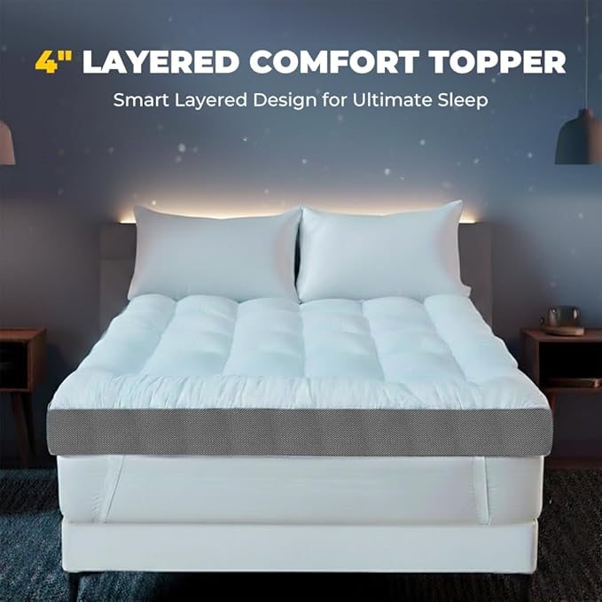 HYPREST 4 Inch Mattress Topper Queen, Thick Cooling Cotton Pillow Top with 2000 GSM Shredded Memory Foam - Soft & Supportive for Back Pain Relief, Non-Slip Bottom
