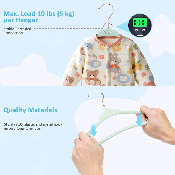 Tonswachic Baby Hangers 11 Inch, 50 Pack Velvet Baby Clothes Hangers Non-Slip Ultra-Slim Children Hangers with 10 Clips for Infant Toddler Newborn, Space-Saving Closet Organization - Green - Image 5