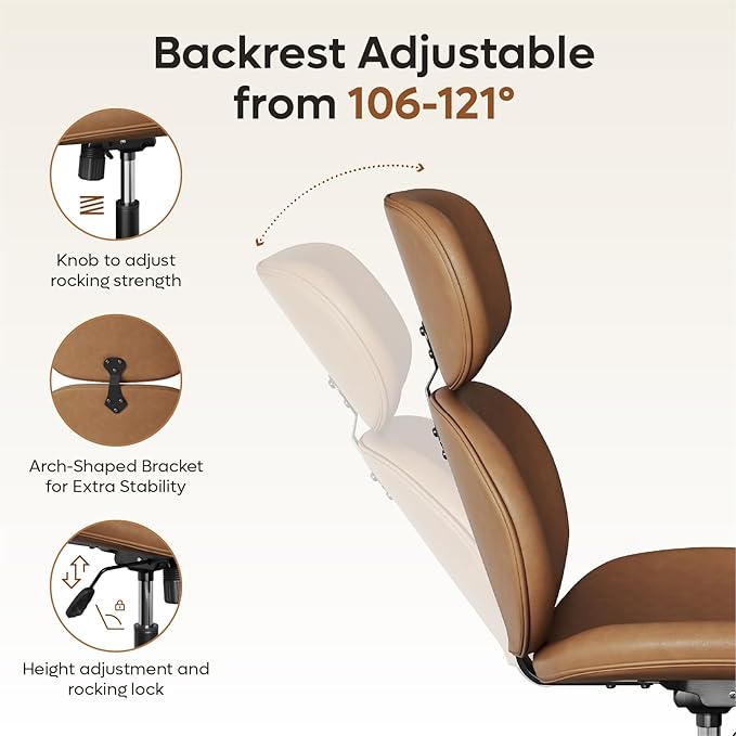 Bestier Swivel Modern Chair with Ottoman No Wheels, PU Criss Cross Reading Chair with Extended Headrest & Adjustable Seat, Modern Armless Ergonomic Chair for Living Room, Brown