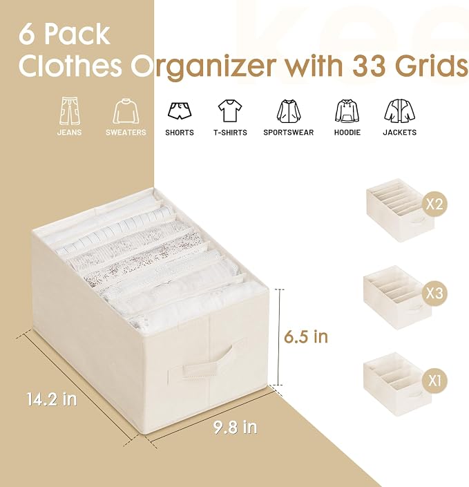 Criusia 6 Pack Large Clothes Organizer, Wardrobe Closet Organizer and Storage with Handles, Foldable Fabric Closet Organizers Dividers for Clothing, Pants, Jeans, Sweater, T-shirts, Beige - Image 2
