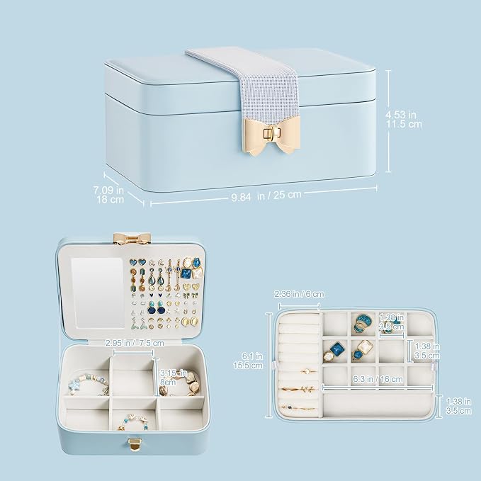 Lolalet 2 Layer Jewelry Box for Teen Girls & Young Women, Jewelry Organizer Case with Bow Clasp and Mirror for Earrings Rings Necklaces Storage, Gift Idea -Blue - Image 3