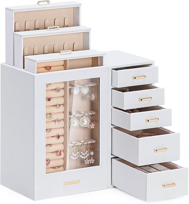 Homde Large Jewelry Box/Organizer/Case with Glass Window, Drawers for Necklaces Earrings Rings Bracelets Watches Gift for Women Girls by Homde