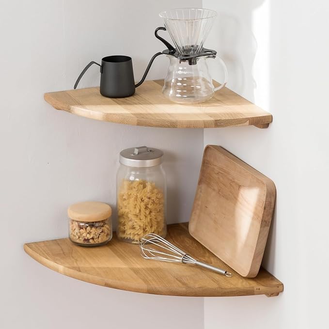 Corner Shelves, Floating Corner Shelf, Set of 2 16inch Solid Oak Wood Wall Shelves, Round End Wall Mount Display Shelf with Wire Hole for Bedroom Kitchen, Living Room (Oak, 16in 2P) by Coamily