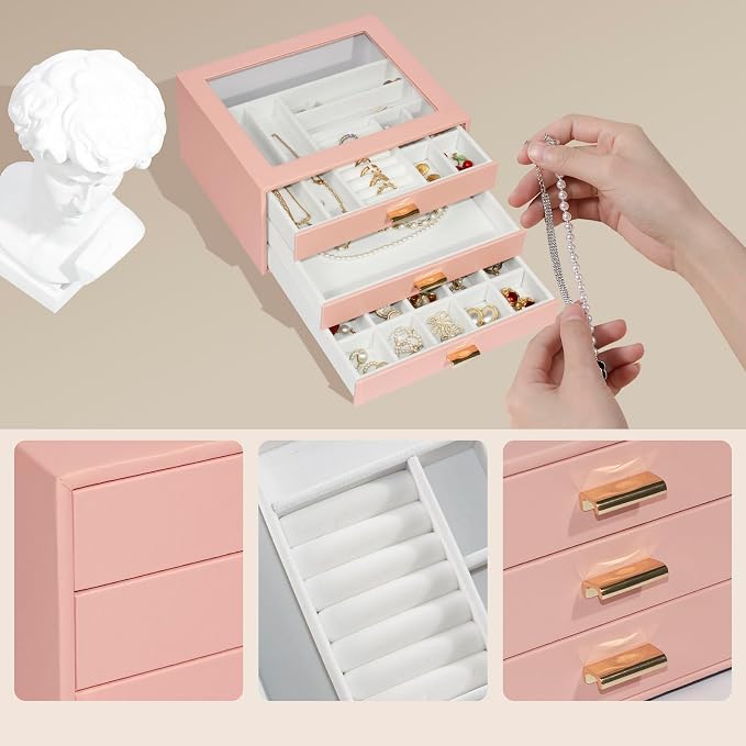 Jewelry Box Organizer with 3 Drawers,Glass Lid Jewelry Boxes for Women,Jewelry Storage for Rings,Necklaces,Earrings,Bracelets,Interesting Gift,Pink - Image 5