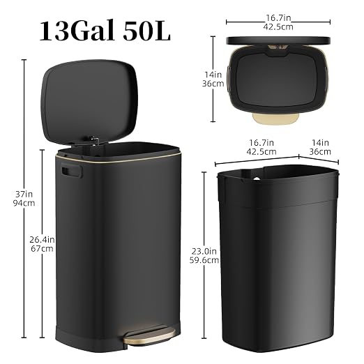 KdbK 13 Gallon Trash Can with Lid, 50L Fingerprint Proof Stainless Steel Kitchen Trash Can with Removable Inner Bucket and Lid Soft Close, Pedal Rubbish Bin for Home Office, Black - Image 6