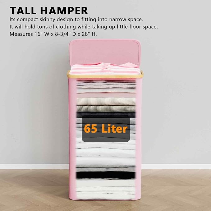 SpaceAid Slim Laundry Hamper with Lid, 65L Narrow Clothes Basket Bin with Bamboo Handles, Skinny Tall Collapsible Hamper for Bedroom, Bathroom, Dorm, Laundry Room - Pink - Image 2