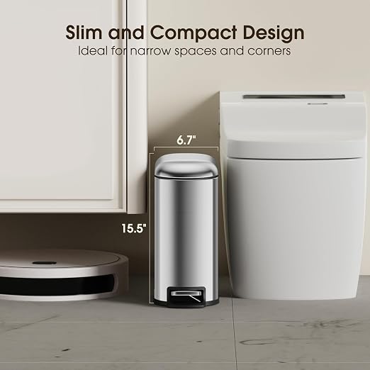 CEROELDA Small Bathroom Trash Can with Lid Soft Close, 5L/1.3 Gallon Stainless Steel Slim Garbage Can, Metal Waste Basket with Step Pedal, for Office, Bedroom, Toilet, Dorm Room (Silver, 1.3 Gallon) - Image 3