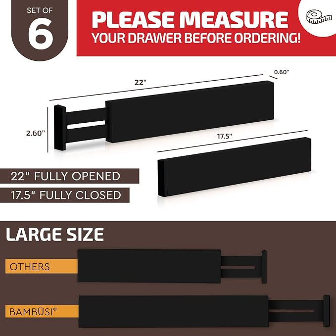6-Pack Drawer Dividers - 2.6 Inches High, Adjustable 16 to 22 Inches Bamboo Drawer Organizer, Large Expandable Separator for Clothes, Dresser, Bedroom, Bathroom, Baby, Office, Kitchen Utensils, Black - Image 9