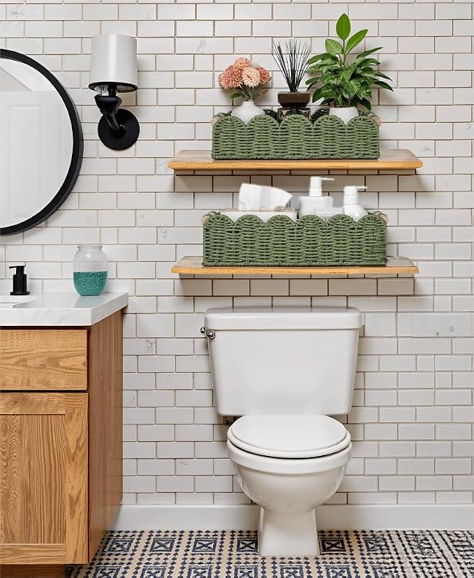 CubesLand Toilet Paper Storage Basket, Scalloped Edge Shelves Basket for Organizing for Over Toilet Tank Storage, Home Decor Baskets for Shelf, Countertop, Living Room, Bedroom, Handwoven, Green - Image 2