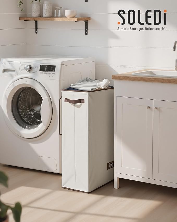 SOLEDI Slim Laundry Hamper with Lid, Narrow Laundry Basket with Removable Bags, Dirty Clothes Hamper with handle, Small Hamper perfect for Laundry room, Bathroom, Bedroom, Small spaces. 70L Beige - Image 2