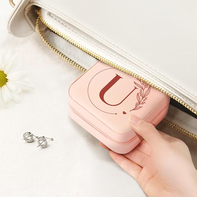SANDJEST Personalized Jewelry Box, Pink Small Travel Jewelry Box with Initial U, Monogrammed Jewelry Case Organizer for Girls Women Teen, Mini Travel Essentials Gifts for Christmas Birthday - Image 6