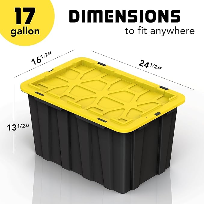 4 PACK Large Black & Yellow Storage Bins | Plastic Tote Organizing Container with Secure Latching Lids, Stackable, Extra Strength with Built in Handle | Black and Yellow Bins | 24.5" x 16.5" x 13.5" - Image 3