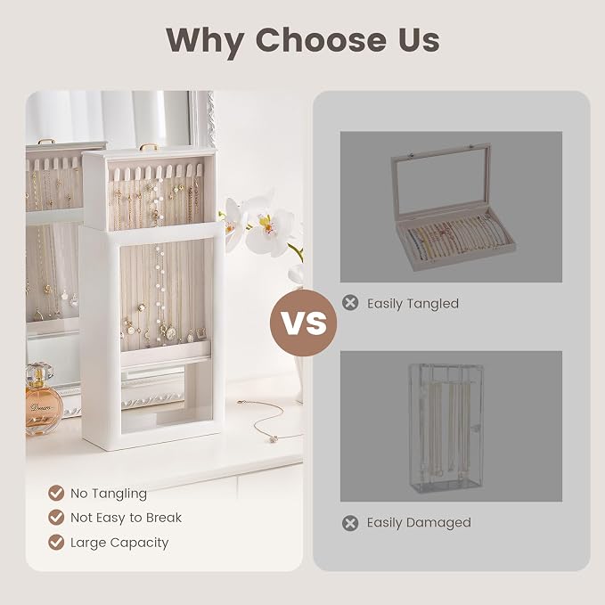 Lolalet Upgraded Double-Sided Hanging Necklace Organizer Box, Jewelry Display Case with Double-Sided Clear Window for Necklaces Bracelets, Tangle-Free Necklace Storage Box, Mothers Day Gift - Image 6