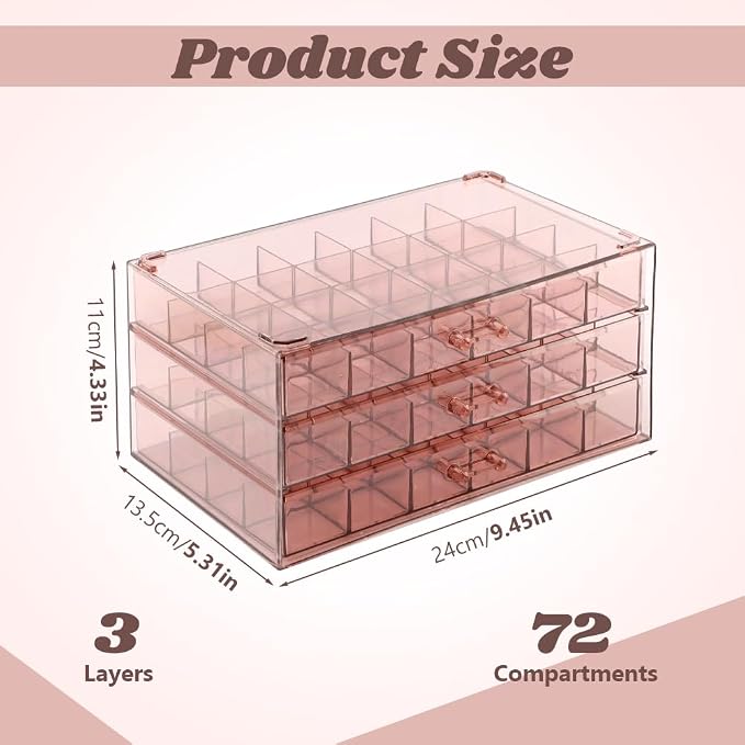 Jewelry Organizer, Earring Holder Organizer Box with 3 Layers, 72 Grids Earring Case, Craft Storage Containers for Nail Charms, Ring, Earrings(Tan) - Image 2