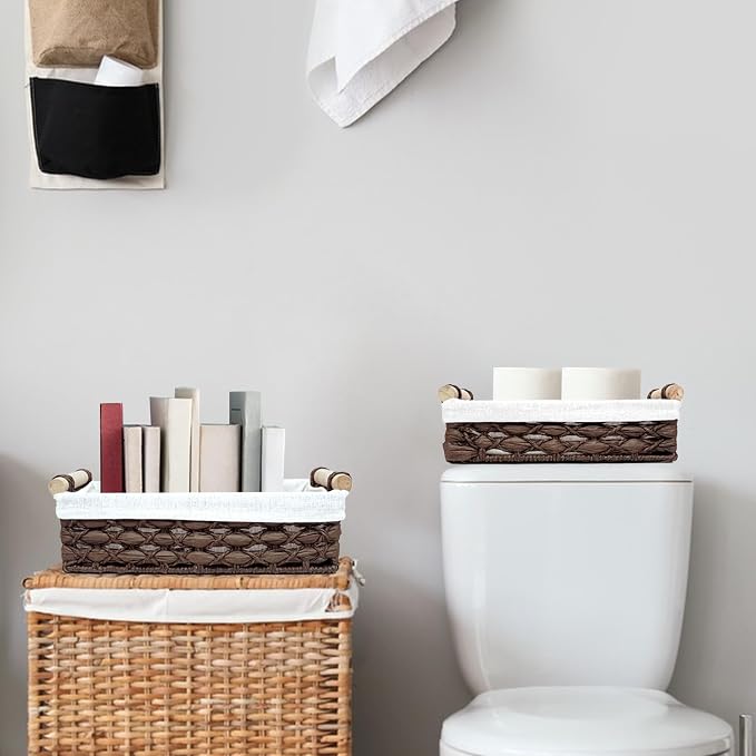 Storage Basket Wicker Baskets for Organizing with Handle Decorative Storage Bins for Countertop Toilet Paper Storage Basket for Toilet Tank Top Small Baskets Set (Set of 2) - Image 6