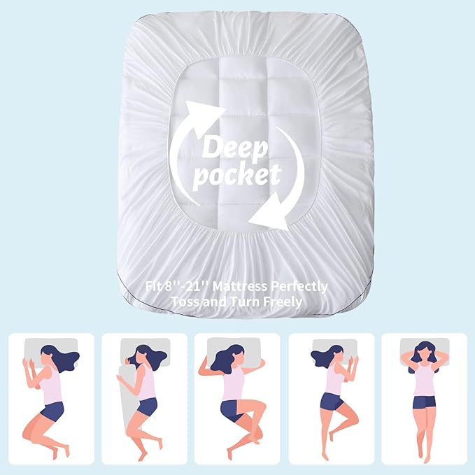 Thick Mattress Topper Queen with Deep Pocket, Extra Pillow Top Mattress Pad, Breathable & Cooling Mattress Cover, Fits 8-21 Inch, Soft Support for Back Pain Relief, Mattress Protector (Queen, White)