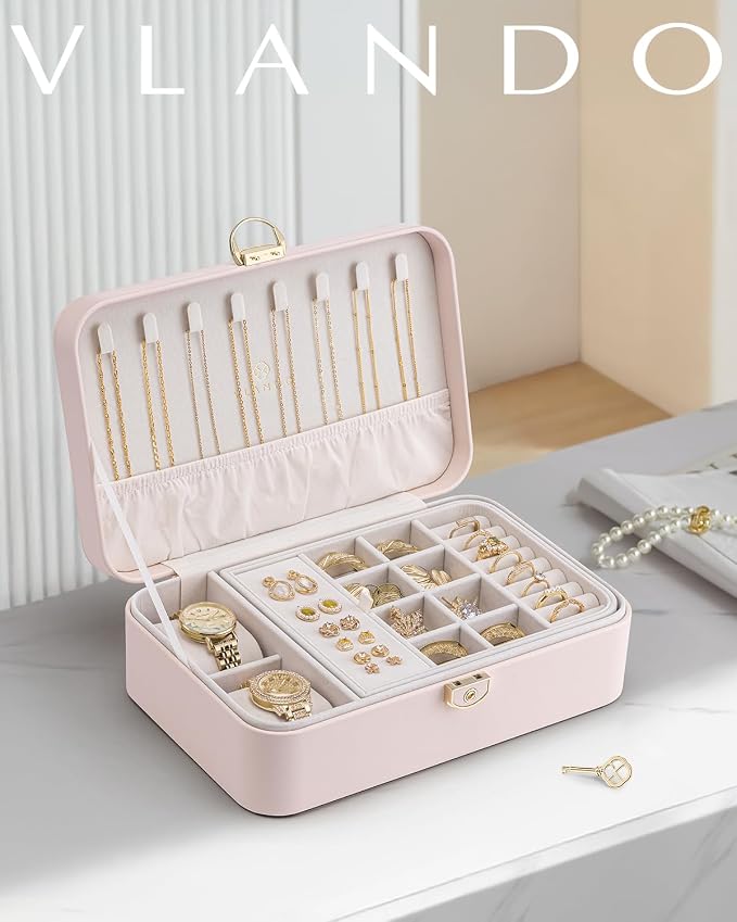 VLANDO 2 Layer Jewelry Box,Jewelry Organizer Storage Lockable Earring Organizer Removable Jewelry Tray with Watch Pillow for Neckable Ring Bracelets-Apricot Pink - Image 7