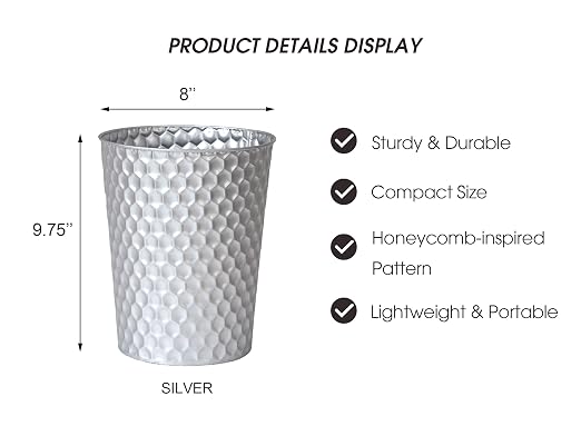 Venalys Small Metal Trash Can Wastebasket, Decorative Honeycomb Garbage Can Waste Basket, Modern Farmhouse Round Trash Bin for Bathroom, Bedroom, Kitchen and Office (Silver) - Image 5