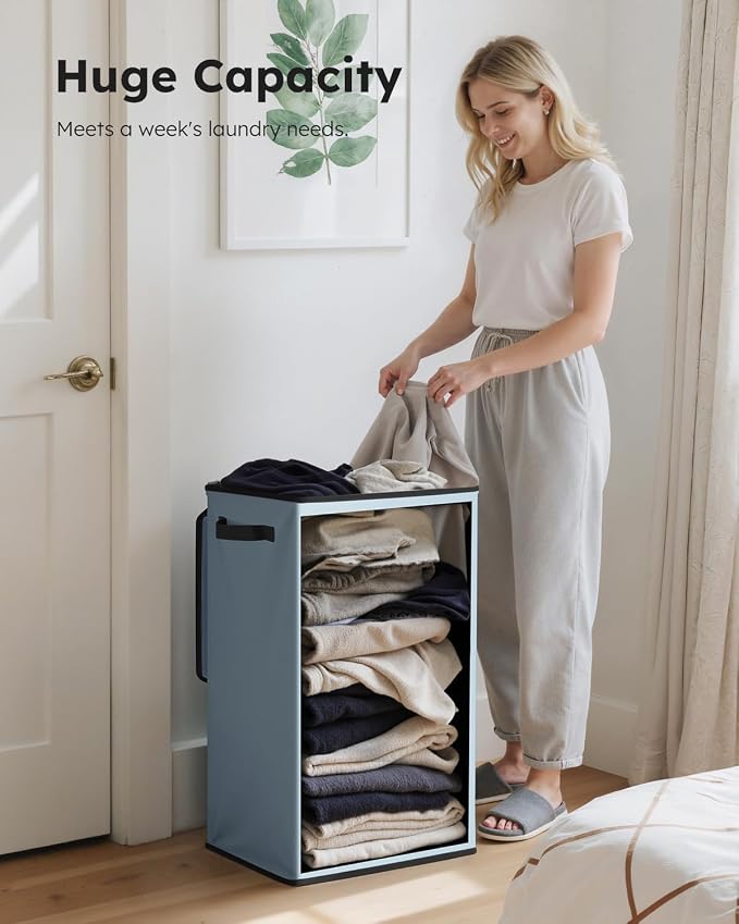 SOLEDI Laundry Hamper with Lid 90L Large & Tall Collapsible Laundry Basket, Clothes Hamper with Bag Removable Easy to Carry, Dirty Hampers for Bedroom, Bathroom, Dorm, College, Blue Grey - Image 3